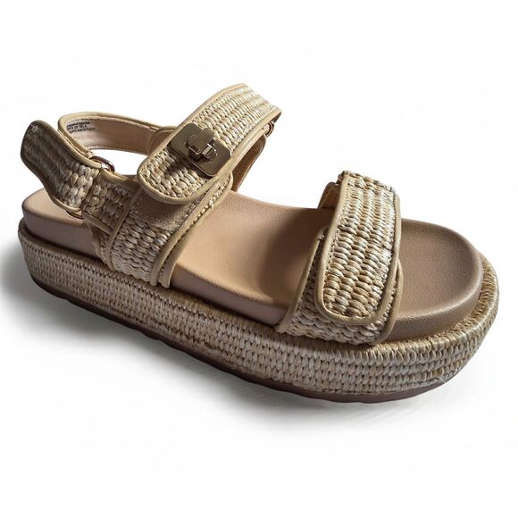 Steve Madden Bigmona Sandals 9 Natural Raffia Beige Woven Platform Vacation Boho - Picture 1 of 13